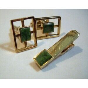 Lamode Karatclad Marbled Jade Square Stone Cufflinks Tie Clip Gold Tone Frame